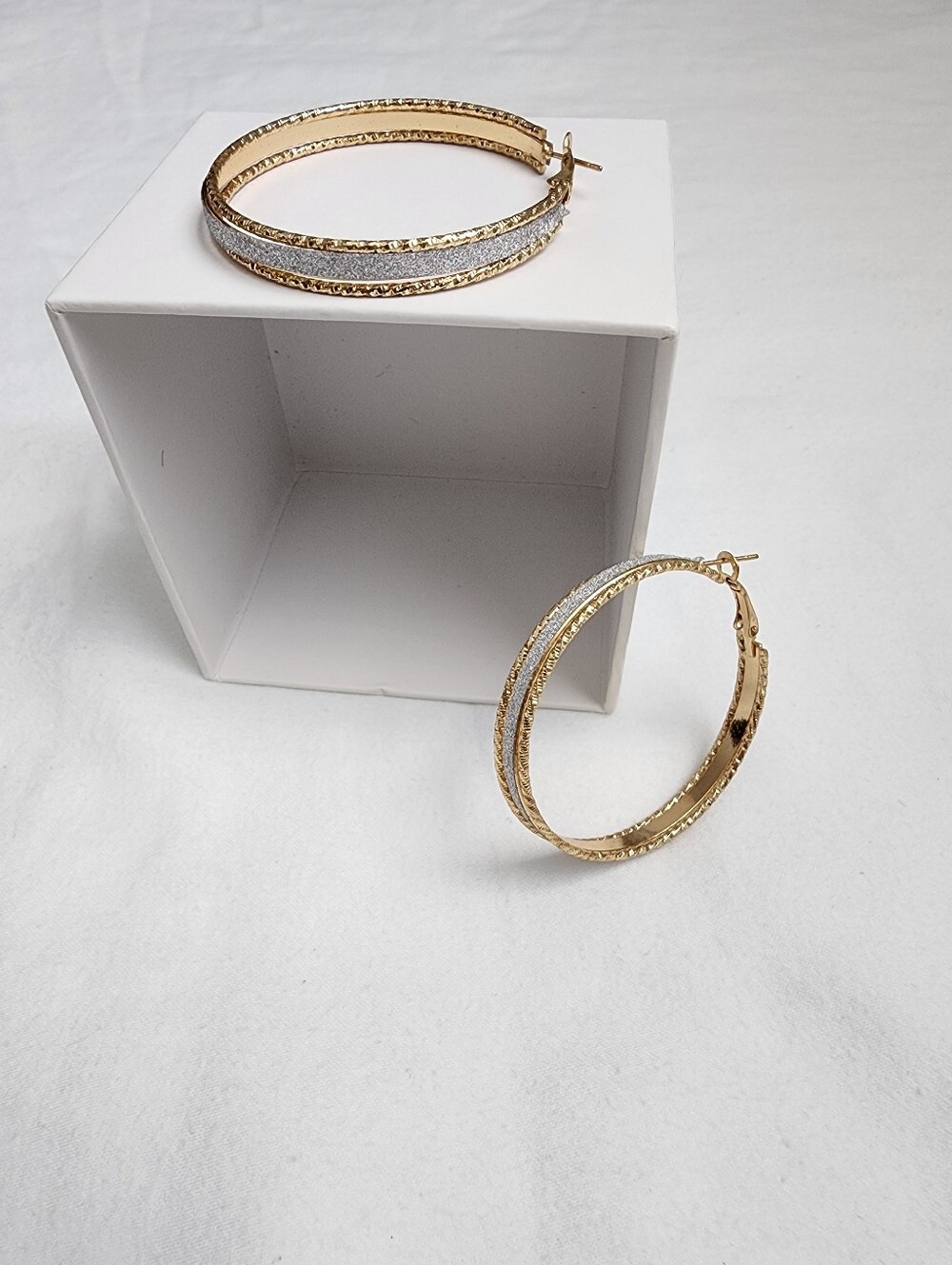 Gold Hoop Earrings with Silver Glitter Inlay - Women Jewelry
